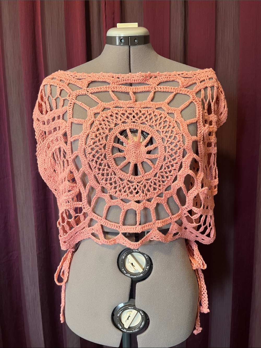 Wool-Touch Crochet Tie Top, Coral, One Size